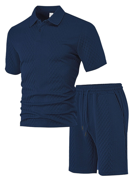 Men’s Polo & Shorts Set Jacquard Texture Summer Outfit