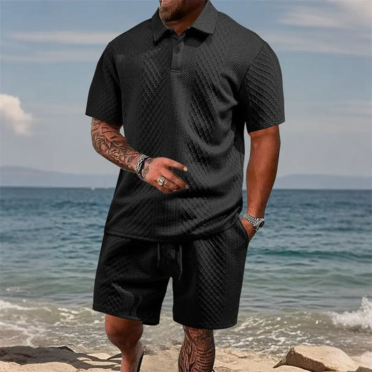 Men’s Polo & Shorts Set Jacquard Texture Summer Outfit